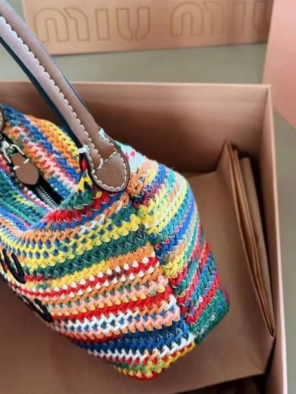 Miu Miu Multicolor Crocheted Shoulder Bag with Black Logo